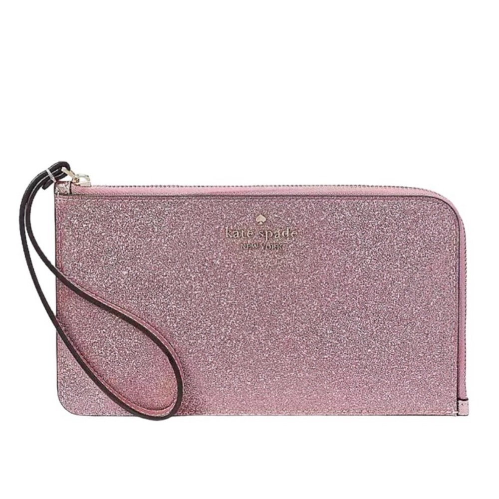 NWT Kate Spade ♠️ Lucy Glitter Medium L-Zip Wristlet / Mitten Pink